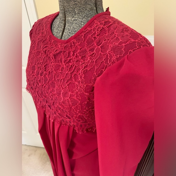 Vintage Red Dress with Lace Front, Sheer Long Sleeves (has hole) size Large . - Picture 5 of 16